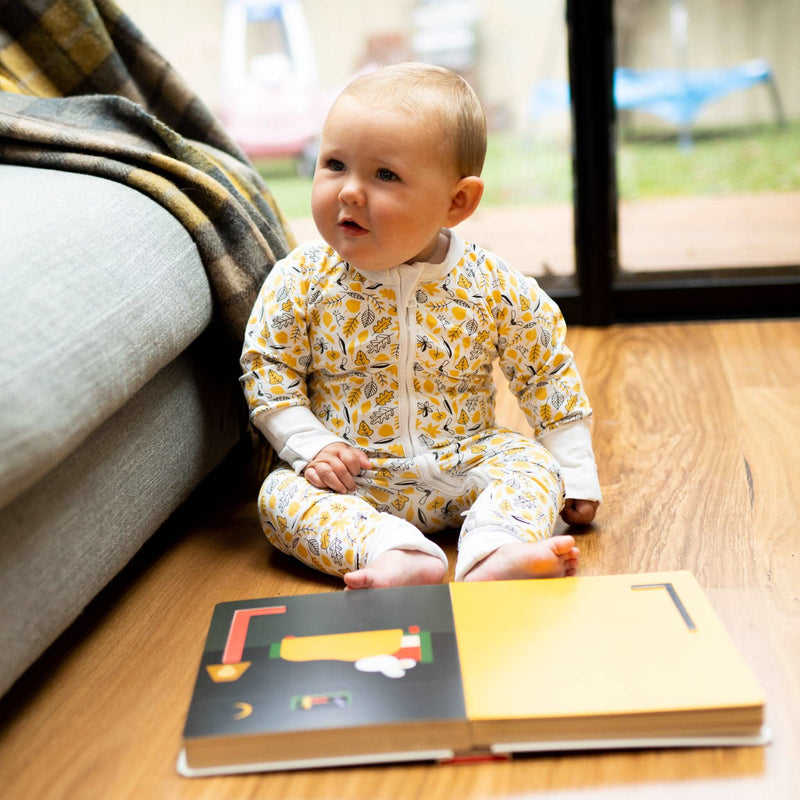 The Woodland Leaves ZippySuit. The perfect baby grow has a 2-way zip for quick and easy changes, foldable mitts and foldable feet pouches.