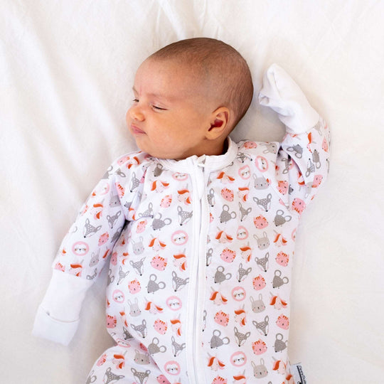 The Cute Baby Animals ZippySuit. The perfect baby grow has a 2-way zip for quick and easy changes, foldable mitts and foldable feet pouches.