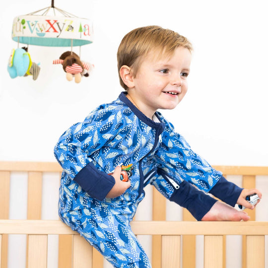 The Blue Leaves ZippySuit. The perfect baby grow has a 2-way zip for quick and easy changes, foldable mitts and foldable feet pouches.