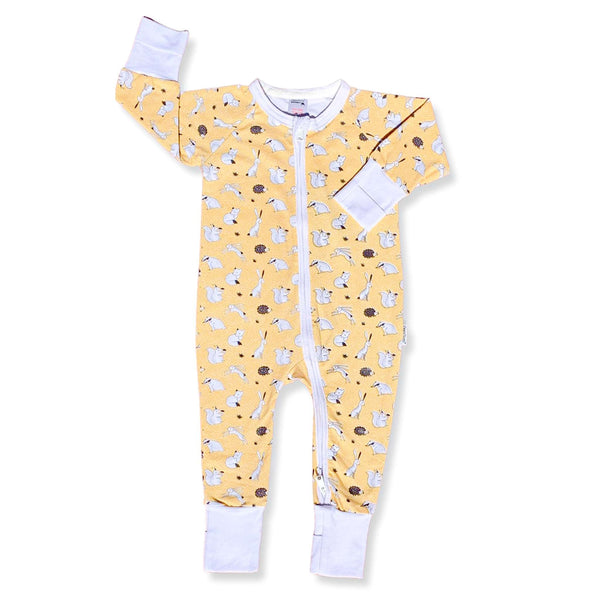 The Furry Forest Friends ZippySuit. The perfect baby grow has a 2-way zip for quick and easy changes, foldable mitts and foldable feet pouches.