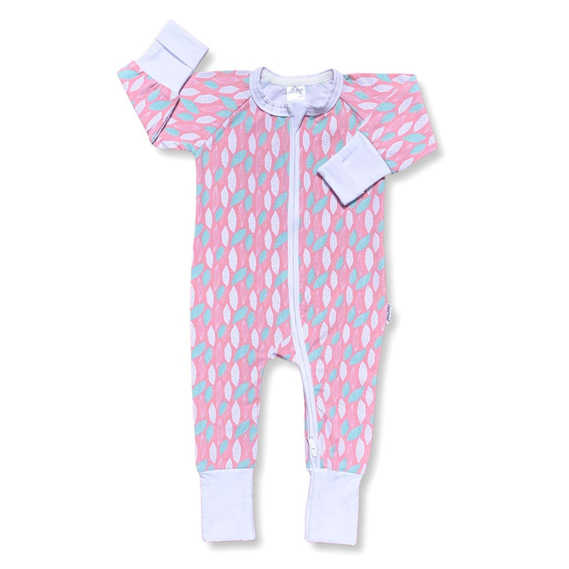 The Pink Leaves ZippySuit. The perfect baby grow has a 2-way zip for quick and easy changes, foldable mitts and foldable feet pouches.